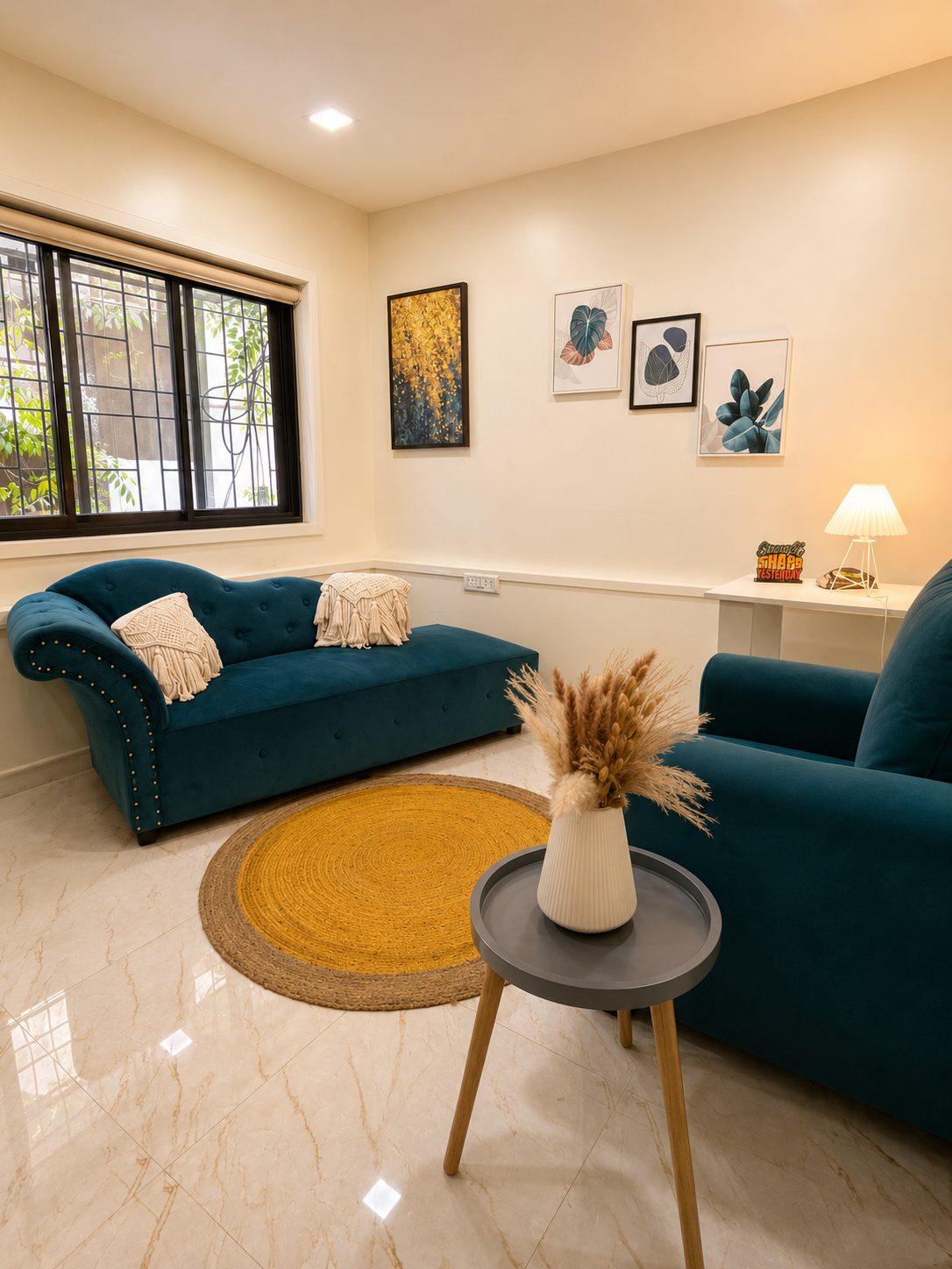 CINQ.IN therapy room with blue chaise lounge, yellow rug and warm lamps in Baner, Pune